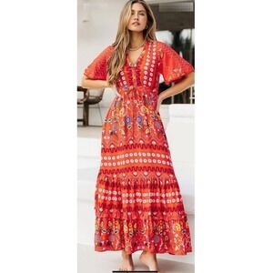 Jaase Handshaped in the Shed Red Floral Boho Tiered Maxi Dress Flutter Sleeve S